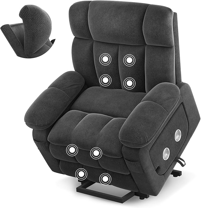 Dual Motor Power Lift Recliner Chair for Elderly with Adjustable Headrest,Extra Wide Recliner Chair with Massage,Lay Flat Recliner with Extended Footrest,Cup holder,Storebox,USB&Type-C Ports,Dark Grey