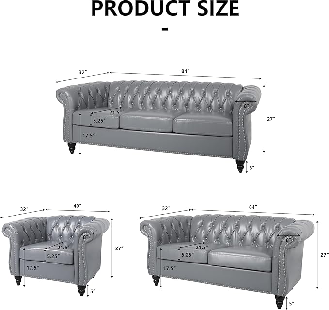 QHITTY Accent Large Sofa, Chesterfield Couch 3 Seater Modern Leather Couch Upholstered Sofa with Tufted Back for Living Room Furniture (Grey)