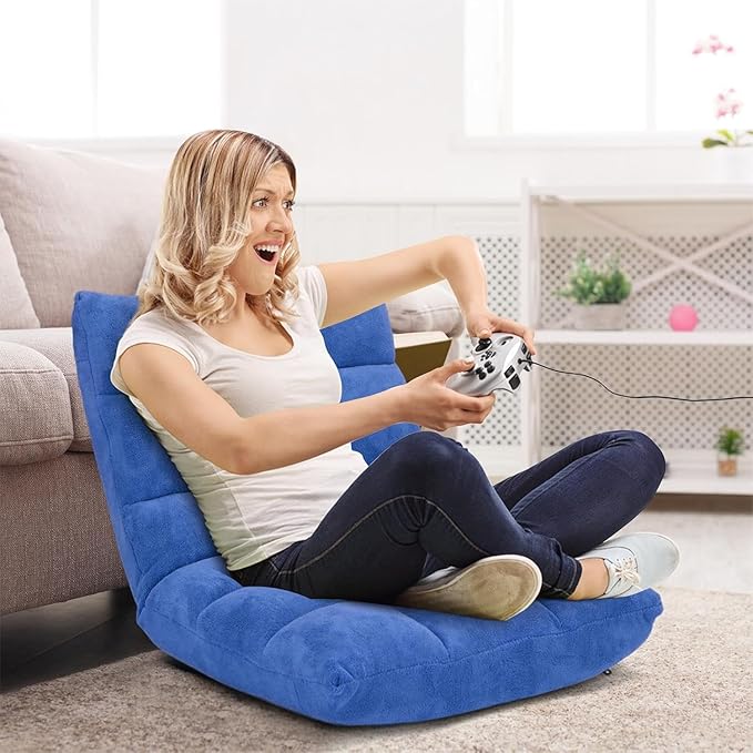 KOMFOTT 14-Position Adjustable Floor Chair with Back Support - Folding Padded Gaming Sofa Chair for Reading, Meditation, Living Room Lazy Lounge, Video Gaming - Blue