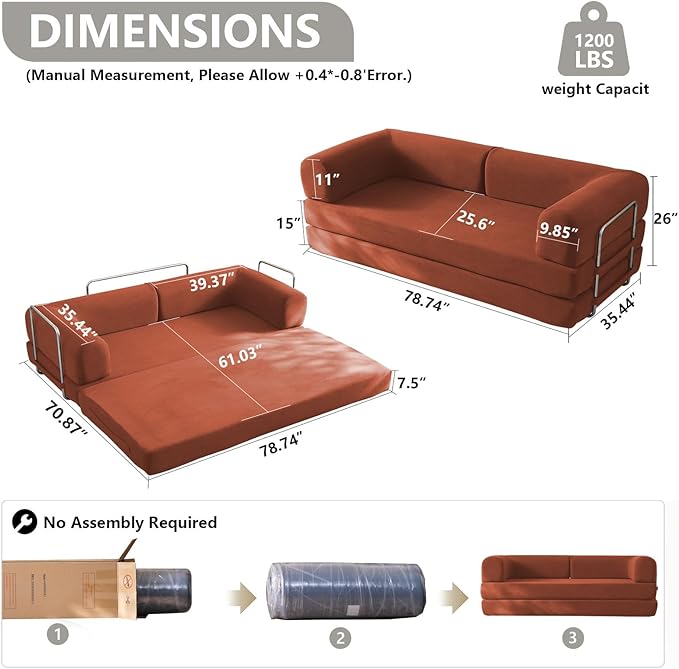 79" Convertible Sleeper Sofa Bed with Cylindrical Pillow, Corduroy Folding Mattress Couch with Fixed-Shape Frame, Floor Sofa Lounge Couch for Living Room Bedroom Lounge Studio