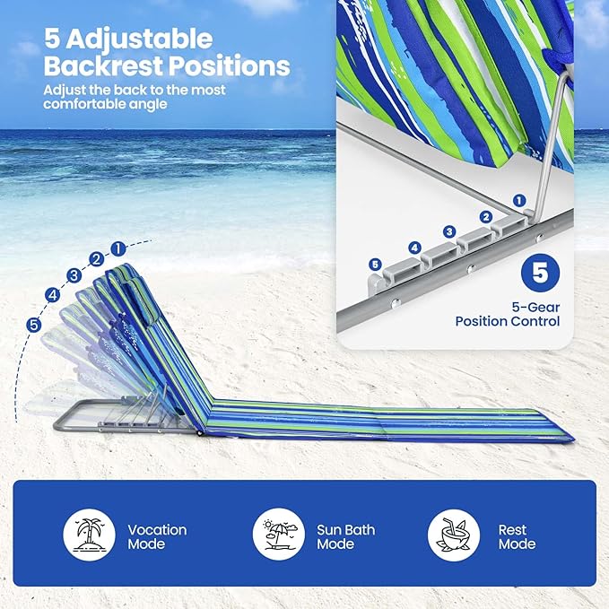 Nightcore 3-Piece Beach Chairs Set for Adults, Adjustable Lawn Chair with Side Table for Outdoor Relaxing & Sun Tanning, Portable & Folding Recline Chaise Lounge for Beach, Patio, Camping (Stripe)