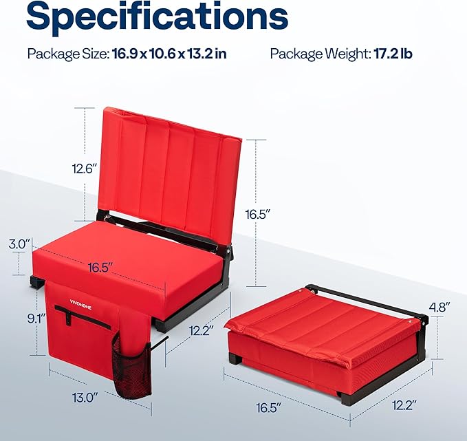 VIVOHOME 2 Pack Stadium Seats with Back Support and Cushion, Portable Bleacher Chair with Cup Holder and Shoulder Strap Red