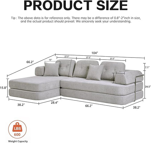 104" Oversized Convertible Sleeper Sofa Bed, Chenille L Shape Sectional Couch, Folding Sofa Bed with Fixed-Shape Frame, Modern Cloud Floor Mattress Couch, Modular Sofa for Living Room, Light Grey