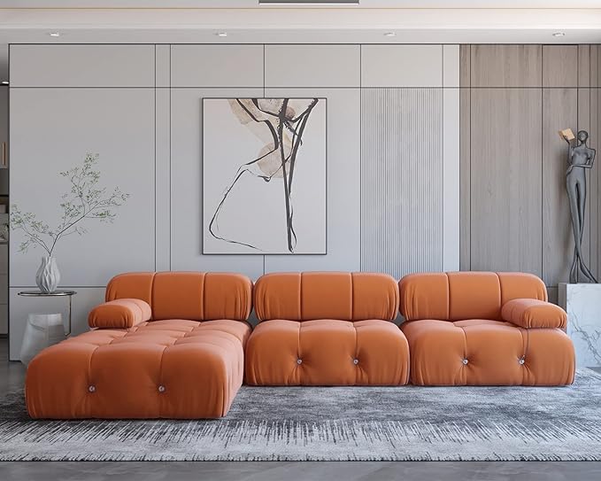 JACH 104" Sectional Couches for Living Room, L-Shaped Minimalist Velvet Sofas, Mid-Century Modular Sofa with Reversible Chaise Ottoman, Orange Sofas Furniture for Living Room, Apartment