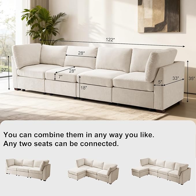EDILLY 122 inches Oversized Modular Sectional Fabric Sofa Set, Extra Large L Shaped Couch Reversible Chaise Modular Sectional Couch,4 Seat Modular Sofa with Storage Ottoman, Linen Beige