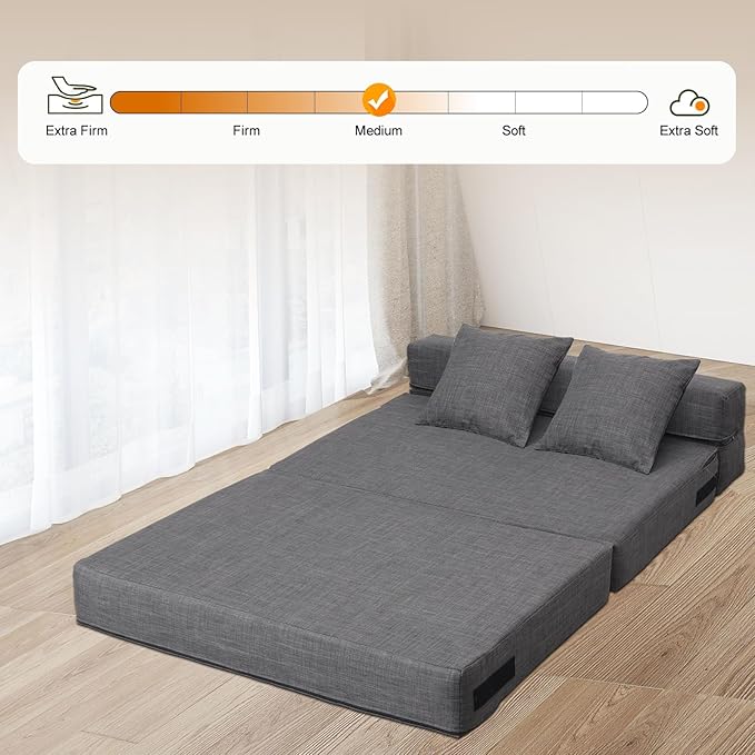 Nigoone Queen Size Folding Sofa Couch Memory Foam with 2 Pillows Sleeper Chair Lazy Couch Triple Futon Convertible Guest Beds, Washable Cover,Dark Gray