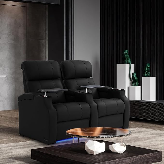 Weilianda Home Theater Seating, Top Grain Leather Sectional Seats Recliner Chair, Zero Gravity Reclining Sofa with Power Headrest 7 Colors Ambient Lighting USB C Charge Row of 1 Black