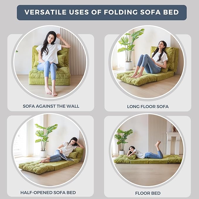 MAXYOYO Bean Bag Bed Tufted Folding Sofa Bed with Pillows Floor Mattress for Adults, Extra Thick and Long Floor Sofa, Single Couch for Bedroom Living Room, Green, 30x91 Inch