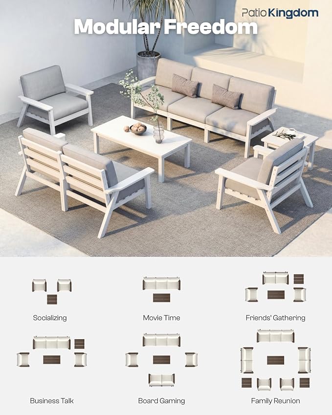 Patio Kingdom Patio Furniture Set 8 Seats, 4-Seater and 2-Seater Outdoor Sofas with Gray Washable Thick Cushions, Patio Conversation Sets for Lawn, Garden, Porch, Balcony, Deck (White Frame)