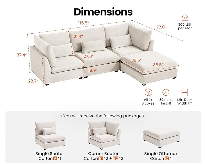 Oversized Modular Sofa, Extra Deep Cloud Chenille Sectional Couch with Ottoman Chaise, Fluffy Chenille 4 Seat L-Shaped Sofa for Living Room, Villa (L Shape 4 Seater, Chenille White)