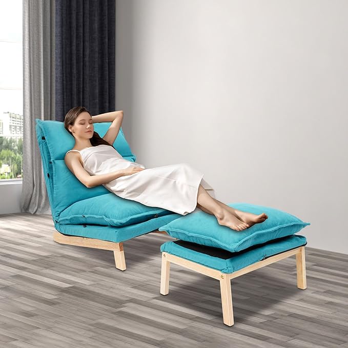Single Lazy Leisure Chair, Adjustable Recliner Balcony Reclining Japanese Tatami Chair with Ottoman, Floor Seating Lounge Chair with Backrest and Footrest, Upholstered Chair for Living Bedroom (Blue)
