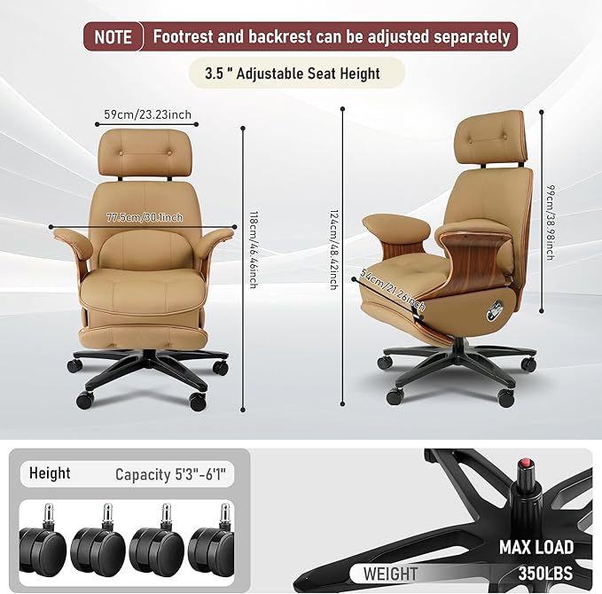Genuine Leather Office Chair with Electric Reclining, Footrest, Lifting and Massage Function, 350lbs Capacity Ergonomic Executive Chair with Alu Base and 360° Wheels for Home Living Room