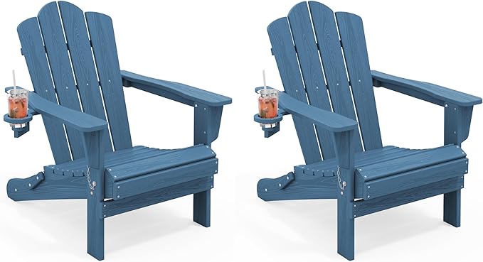 KINGYES Folding Adirondack Chair Set of 2, HDPE All-Weather Patio Chairs with Cup Holder, Wooden Textured Fire Pit Chairs for Poolside, Backyard, Deck, Navy