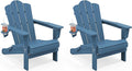 KINGYES Folding Adirondack Chair Set of 2, HDPE All-Weather Patio Chairs with Cup Holder, Wooden Textured Fire Pit Chairs for Poolside, Backyard, Deck, Navy