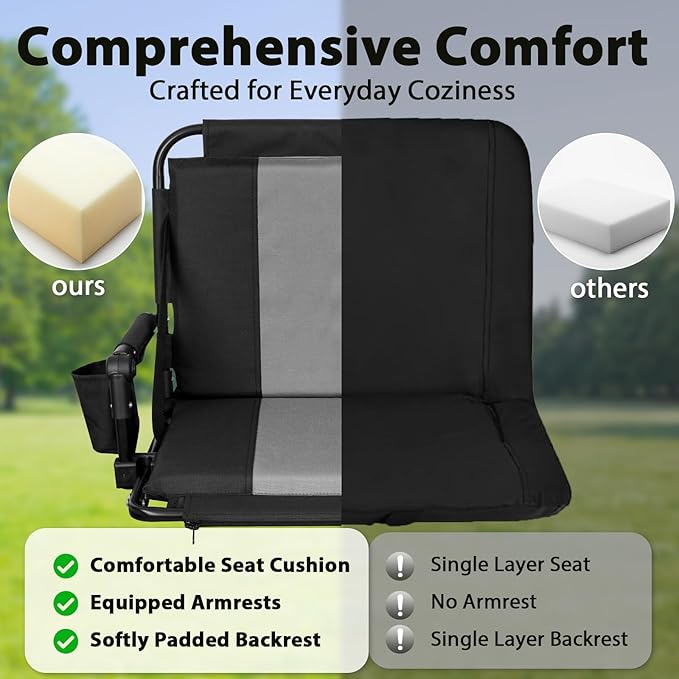 Romswi Folding Stadium Seat Bleacher 2PK Portable Outdoor Floor Folding Stadium Chair with Armrest,Back Support,Cup Holder,Mesh Bag and Hide Hooks