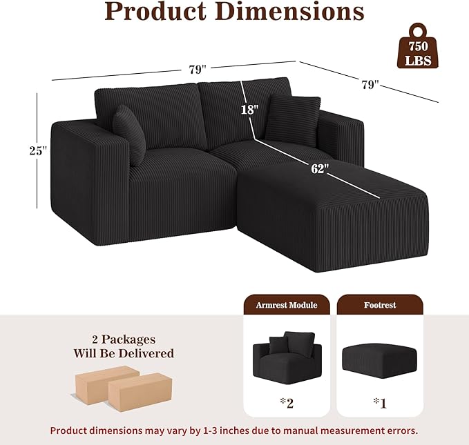 79" Modular Sectional Sofa with Ottoman, L-Shaped Cloud Couch, Memory Foam Boneless Loveseat with Chaise, No Assembly Required Corduroy Frameless Sofa for Small Apartment & Living Room, Black