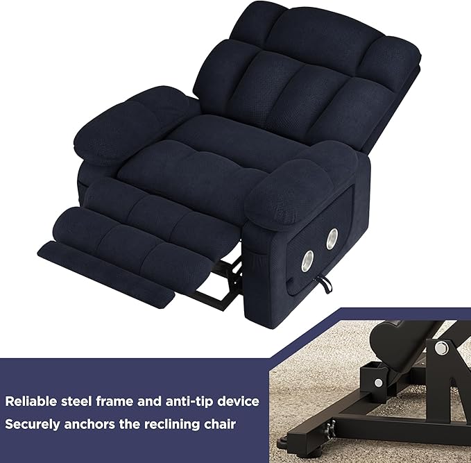 Dual Motor Power Lift Recliner Chair for Elderly with Adjustable Headrest,Extra Wide Recliner Chair with Massage,Lay Flat Recliner with Extended Footrest,Cup holder,Storebox,USB&Type-C Ports,Navy Blue