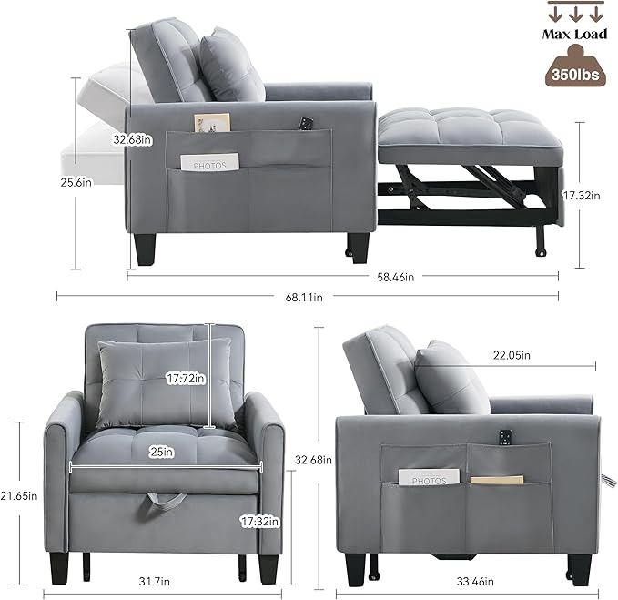 choairy Convertible Sleeper Chair, 3 in 1 Sleeper Chair Bed Pull Out Sofa Bed Chairs, Velvet Single Sofa Beds with Adjustable Backrest for Adults Reading Living Room, Bedroom, Dark Grey