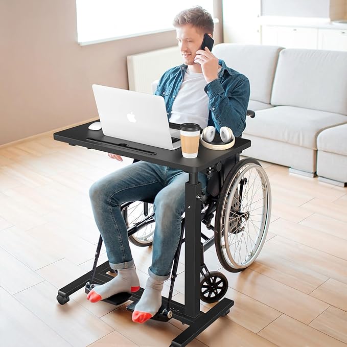 Adjustable Overbed Bedside Table, Hospital Bed Table with Wheels, Portable Rolling Desk, Mobile Small Standing Desk, Rolling Laptop Stand, Computer Cart