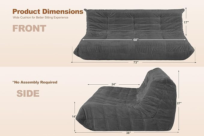 Bean Bag Chair,Giant Beanbag Chairs for Adults,Comfy Large Fireside Chair Lazy Sofa,Corduroy Bean Bag Lounger with Memory Foam Filled,Floor Sofa Couch for Living Room (Dark Grey, 3-Seater)