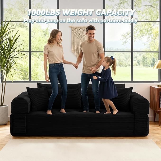 GJQ 83" Boneless Couches for Living Room,Corduroy 3 Seater Couch in a Box with 4 Pillows & Storage Pocket,Convertible Sleeper Sofa Bed Compressed Floor Sofa,Black