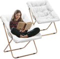 Athena Collection Saucer Chair for Adult, Square Comfy Cozy Chair Folding Chair Faux Fur Metal Frame Foldable Reading Chair Accent Chair for Bed Room Living Room Set of 2, White