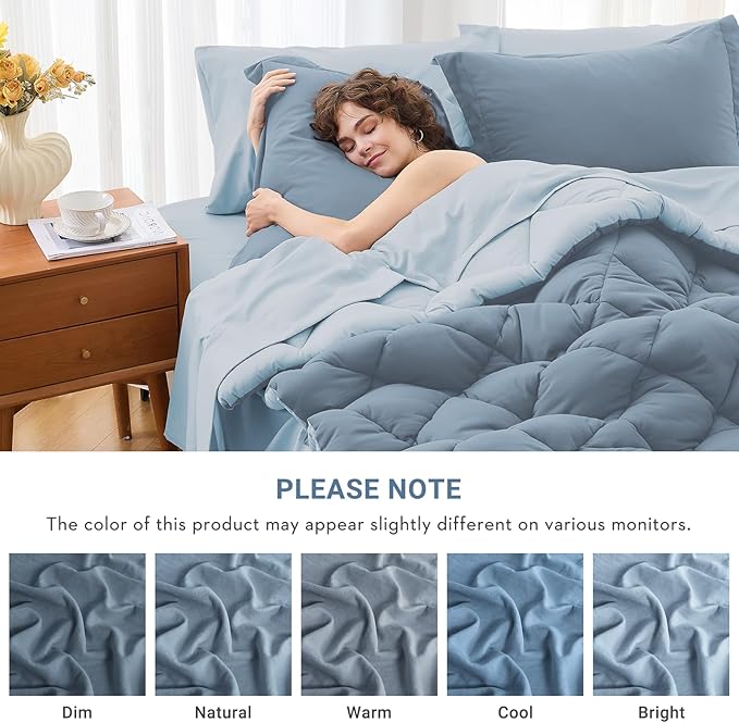 MUXHOMO 7 Pieces King Comforter Set, Reversible Bed in a Bag King Size, All Season Bedding Set with Comforter, Flat Sheet, Fitted Sheet, Pillowcases & Shams, Mineral Blue & Light Blue