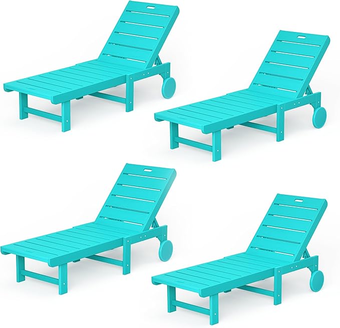 Homenjoy Outdoor Chaise Lounge Chairs Set of 4, 26.8” Super Wide Lounge Chair Outdoor, HDPS Pool Chairs with 5 Positions, Patio Lounge Chair with Wheels for Pool,Lawn,Backyard, Aruba Blue