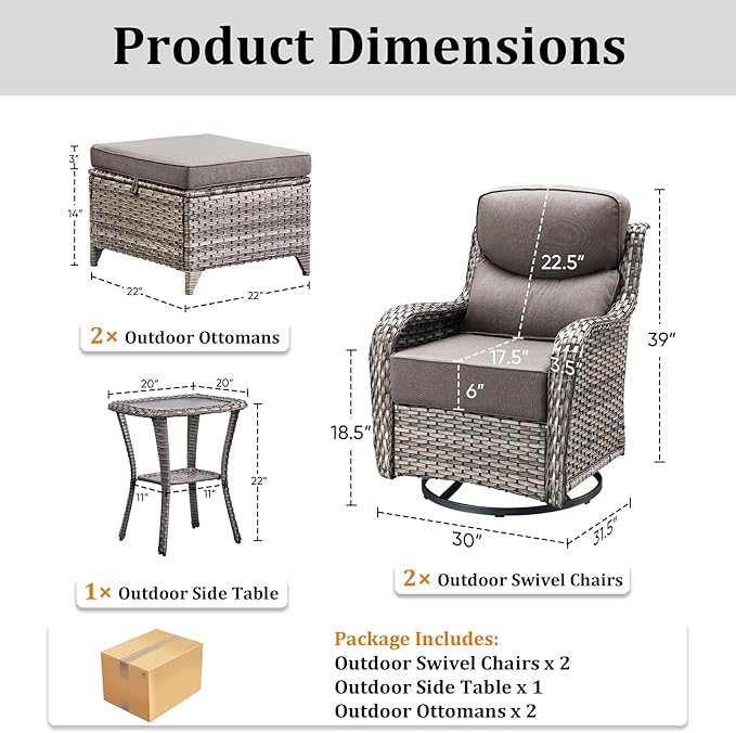 Pugire Luxury Outdoor Swivel Rocker Patio Chairs Set of 5, High Back Swivel Patio Chairs with Side Table & 6" Thick Cushions, Ottomans, Wicker Outdoor Bistro Set for Porch, Yard, Deck, Poolside, Grey