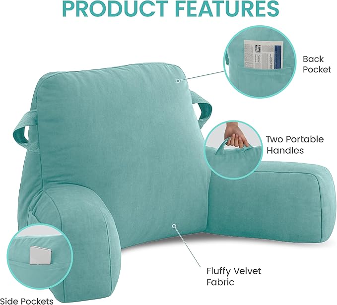 Unisakey Portable Comfy Reading Pillows for Bed Sitting Up(Lake Blue Oeko-Tex), Velvet Back Pillow with Arms & Pockets for Adults, Support Memory Foam Bed Pillow for Dorm/Reading/Watching/Gaming