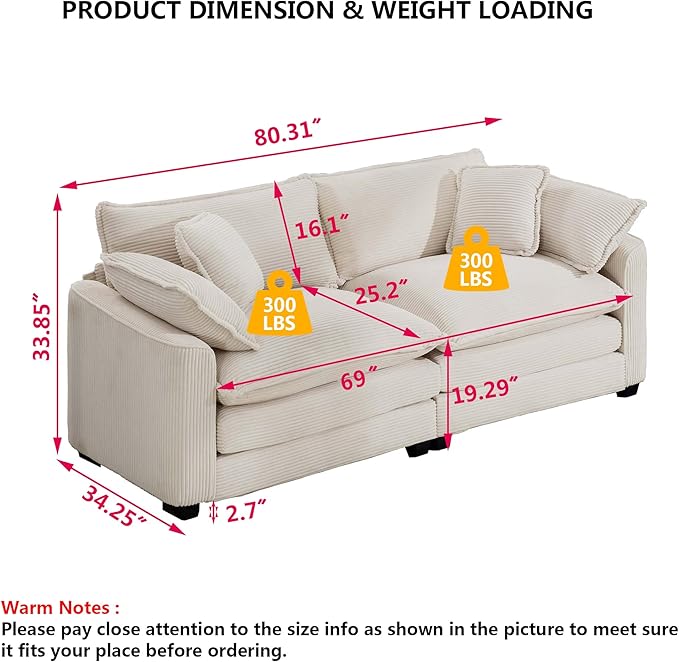 Aoowow Corduroy Loveseat Couch,Modern 2 Seater Cloud Couches for Living Room,Modular Sectional Cloud Sofas with Deep Seat,Large Love Seat for Small Spaces,Apartment,Office. (Beige, 2 Seater)