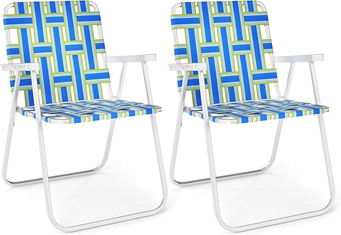 GYMAX Lawn Chair Folding, Webbed Beach Lounge Chairs Set with Highback, Outdoor Portable Lightweight Camping Dinning Chair for Patio, Lawn, Poolside, Sports, Garden, Backyard (2,Blue)