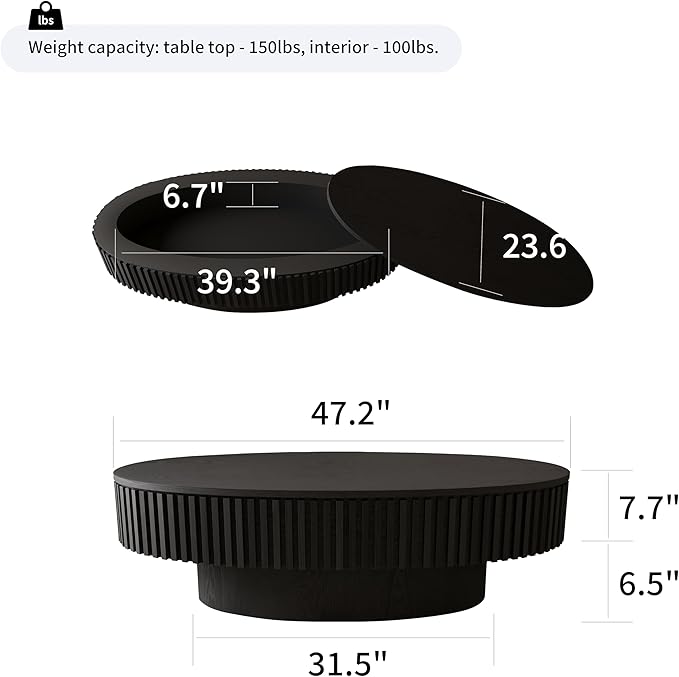 Oval Coffee Table for Living Room Modern Wood Center Tables with Storage Drum Tea Cocktail Fluted Mid Century Apartment Easy Assemble, Black 31.5" D x 47.2" W x14.2 H