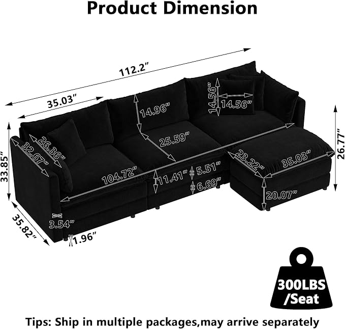 Aoowow Modular Sectional Sofa Modern Convertible L Shaped Couch,112.2 Inch Deep 3-Seater Sofas Set Comfy Chenille Cloud Sofas and Couches with Movable Ottoman for Living Room Apartment（Black）