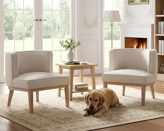 Barrel Chairs Set of 2 Mid-Century Modern Accent Chair with Solid Wood Leg Upholstered Reading Arm Chairs Linen Fabric Waiting Room Round Side Chairs for Small Spaces Living Room Bedroom Office, Beige