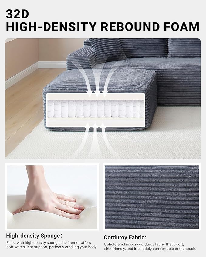 150" Oversized Modular Sectional Sofa, Deep Seat Cloud L-Shape Corduroy Couch with Cup Holders, USB Ports, Wireless Charging & Storage Box, Upholstered Modular Sleeper Sofa for Living Room (Grey)