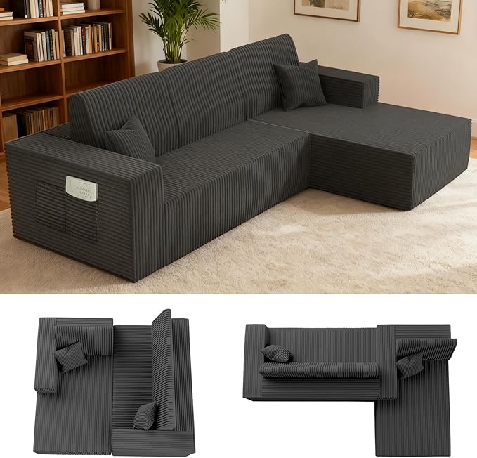 Komusou 110" Boneless Couch, Cloud Modular Sectional Sofa with L-Shape Chaise and Deep Seat, Modern Upholstered Couches for Living Room Bedroom No Assembly Required (Grey, Right Facing Chaise)