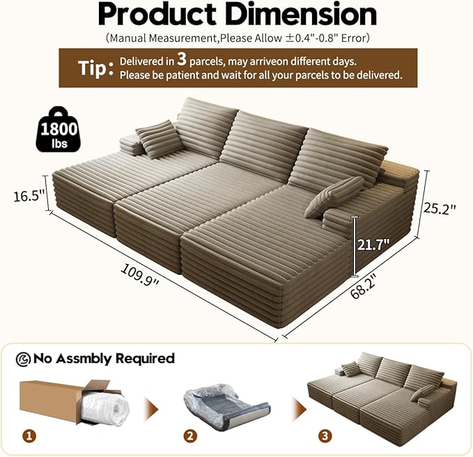 Oversized Lounge Chaise,Cloud Plush Sofa Bed,Upholstered Boneless Cloud Sofa Deep Seat,No Assembly Required,Modern Corduroy Sleeper 3 Seater Chair for Living Room Bedroom Reading,Camel