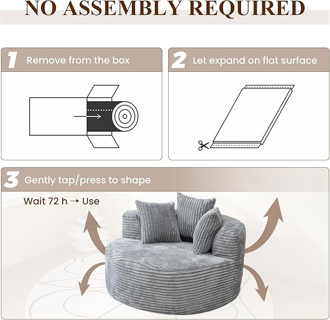 WJShome 50'' Corduroy Single Foam Couches, Oversized Round Chair with Pillows, Circle Chair Sleeper Couch,Modern Sleeper Boneless Sofa for Reading, Gray