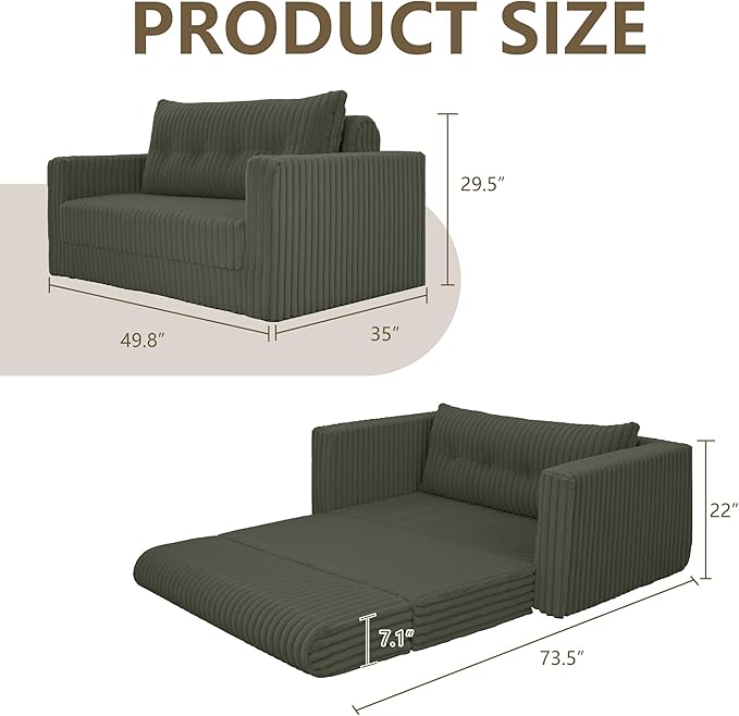 HABUTWAY Folding Sofa Bed, 2 in 1 Convertible Sleeper Chair with Pillow, Portable Fold Out Chair Bed with Armrest, Comfy Floor Couch, Lazy Sofa for Living Room Bedroom Dorm Home Office, Green