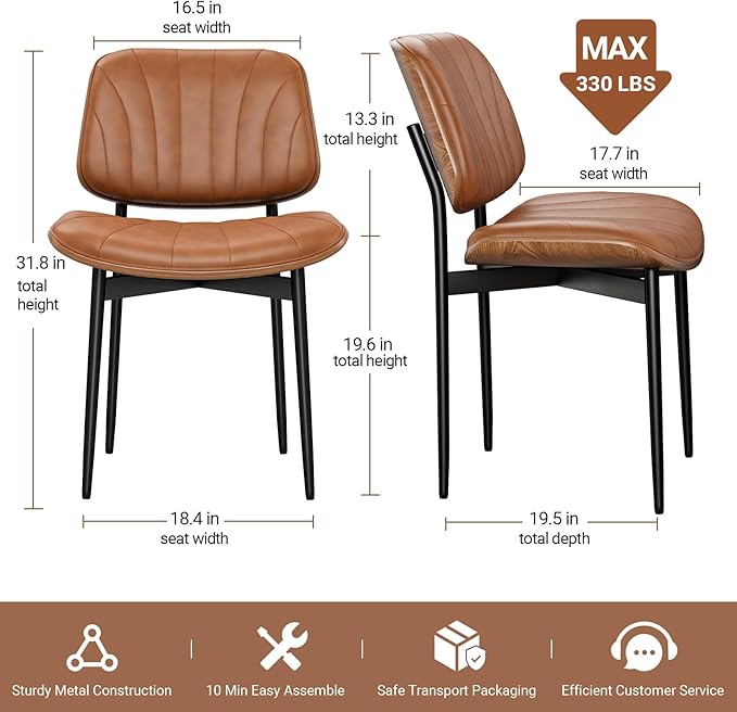 Dining Chairs Set of 4, Mid-Century Modern Upholstered PU Leather Chairs with Walnut Bentwood Back and Metal Legs Adjustable Feet for Kitchen Dining Room, Camel Shell Strips