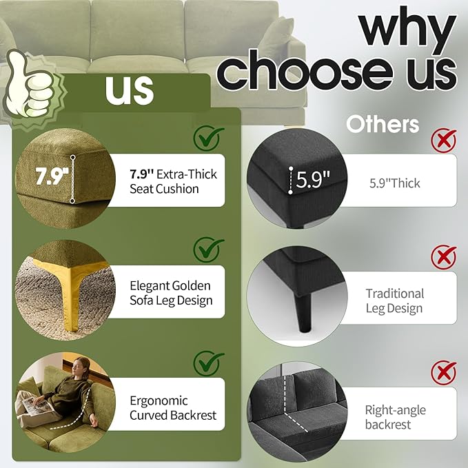 VINGLI 100" W U Shaped Couch with Ottoman, 22" Deep Seat Comfortable Sectional Couches for Living Room, 3 Seater Chenille Fabric Cloud Sofa for Apartment, Small Spaces, Bedroom, Green
