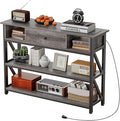 Mexin 39 Inch Console Table with 2 Outlet and 2 USB Ports, Entryway Table with Drawer and Storage Shelves, Narrow Sofa Table for Living Room and Hallway, Grey Oak