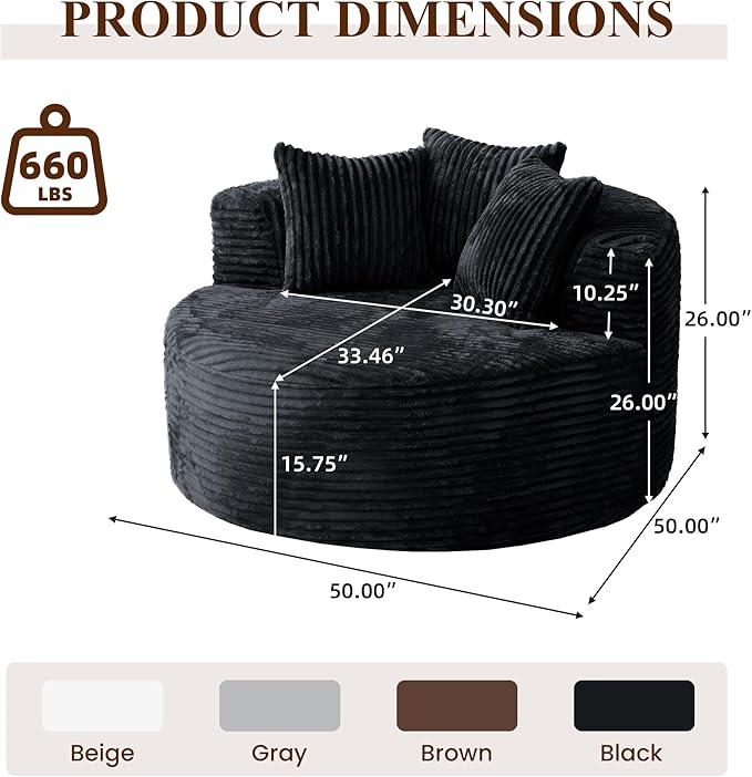 WJShome 50" Round Chaise Lounge Chair Indoor,Oversized Corduroy Upholstered Boneless Couch Deep Seat Sleeper Sofa Bed,No Assembly Required Couches for Living Room/Bedroom/Apartment,Black