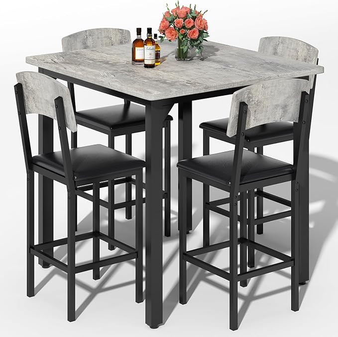 AWQM 5-Piece Dining Table Set, Dining Table Set for 4, Counter Height Table & 4 Bar Stools, Modern Kitchen Dining Set, with Upholstered Chairs, Compact Dining Set for Small Spaces, Gray