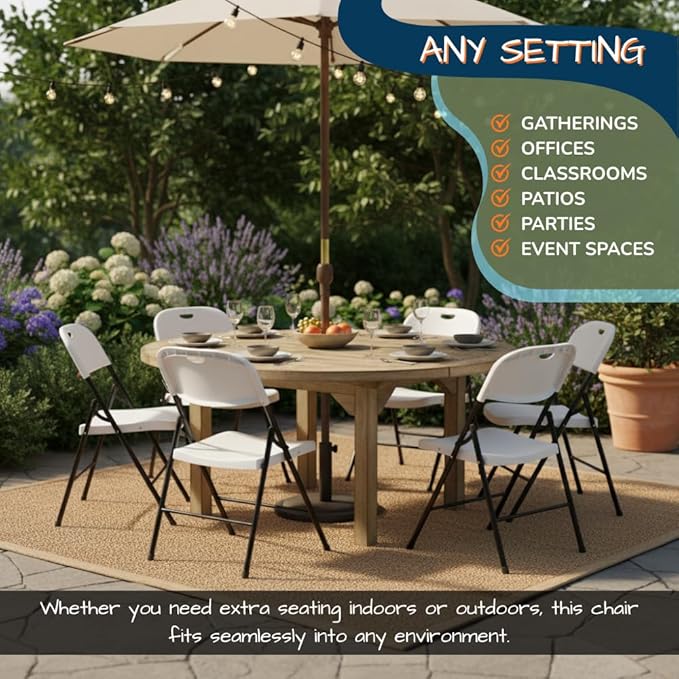 EZONE (2pcs Heavy Duty Plastic Foldable Chair for Adults, Portable Outdoor Seating for Wedding, Event, Party, Backyard, Patio, or Dining Use, Comfortable Stackable Design (White, 2 Pack)