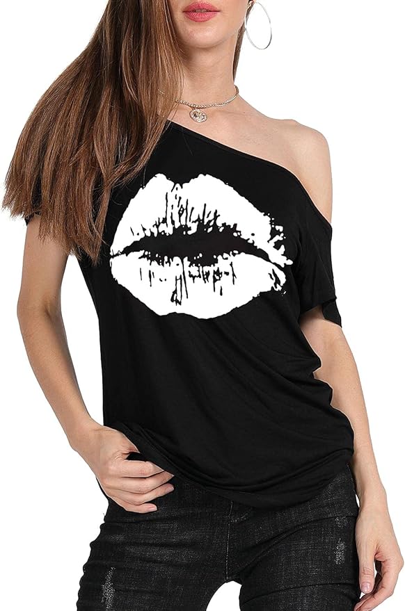 MAGICMK Women’s Short Lips Print Causal Off The Shoulder Plus Size T-Shirt Tops