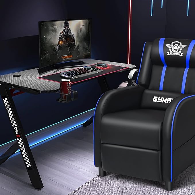 GYMAX Gaming Recliner, Massage Gaming Chair w/Adjustable Footrest, Remote Control & Side Pocket, Ergonomic Game Lounge Chair, Racing Style Single Theater Seat Game Sofa for Adults (Blue)