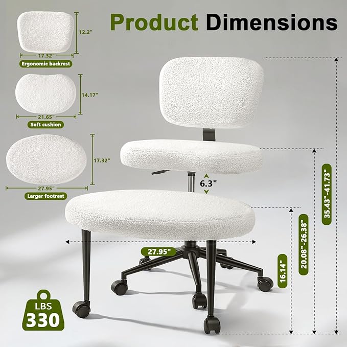 Waleaf Ergonomic Cross Legged Office Chair, ADHD Chair for Adults, Height Adjustable Meditation Chair with Wheels, Teddy Fabric Yoga Kneeling Chairs with Comfortable Back Support (White)