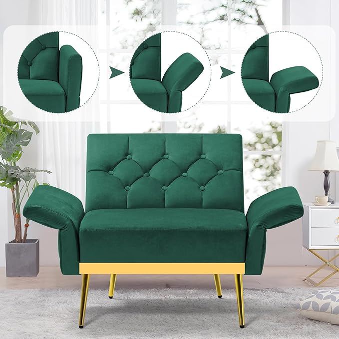 ACMEASE Velvet Accent Chair w/Adjustable Armrests and Backrests, Tufted Single Armchair w/Ottoman, Upholstered Reading Chiar for Living Room, Apartment, Bedroom, Green